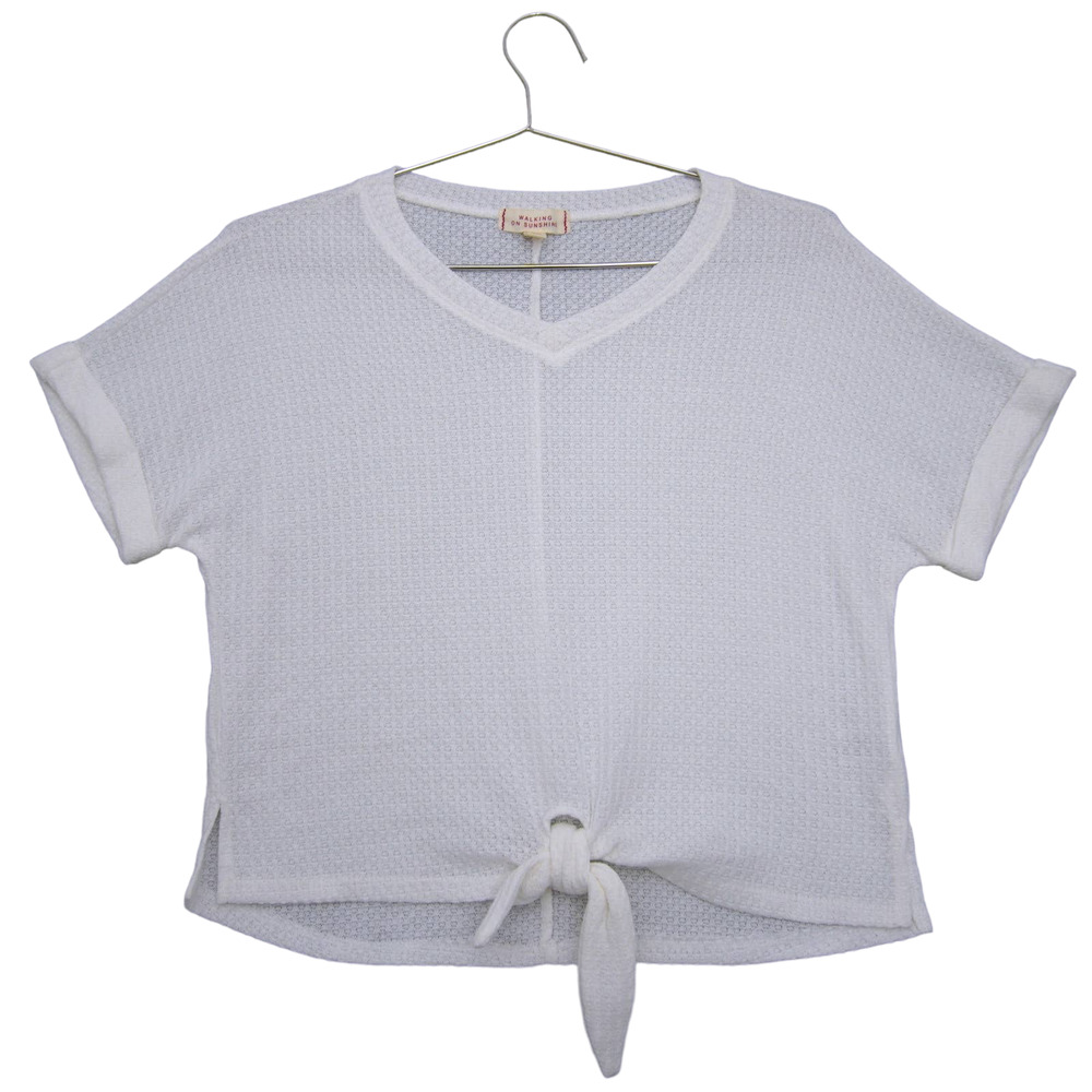 WALKING ON SUNSHINE Sz Medium Top Short Sleeve Tie Knot V-Neck Waffle Knit 0154